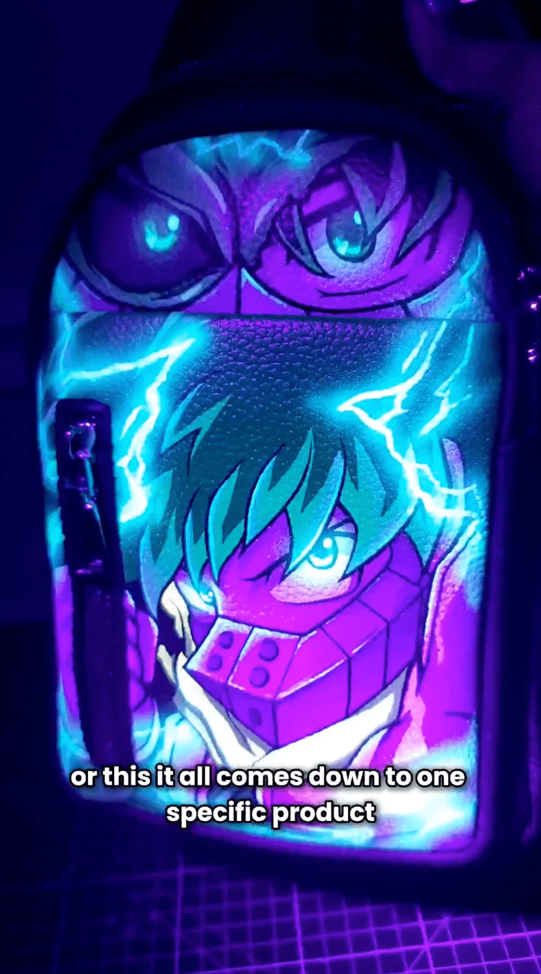 Custom Anime backpack made with Angelus Paints under a blacklight\