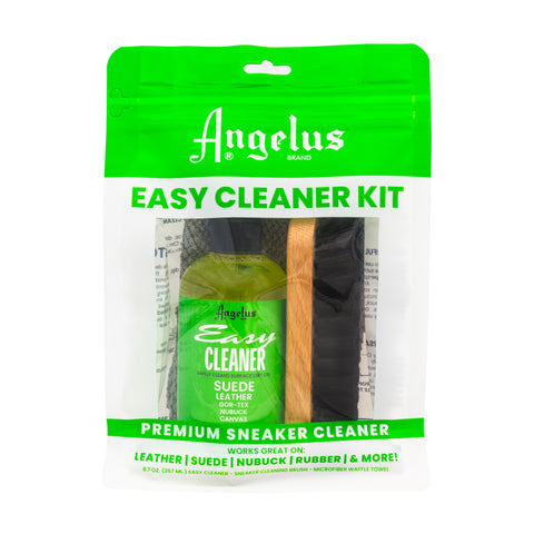 Angelus Easy Cleaner Kit features Angelus Easy Cleaner, Angelus Premium Cleaning Brush, and Angelus Microfiber Cloth