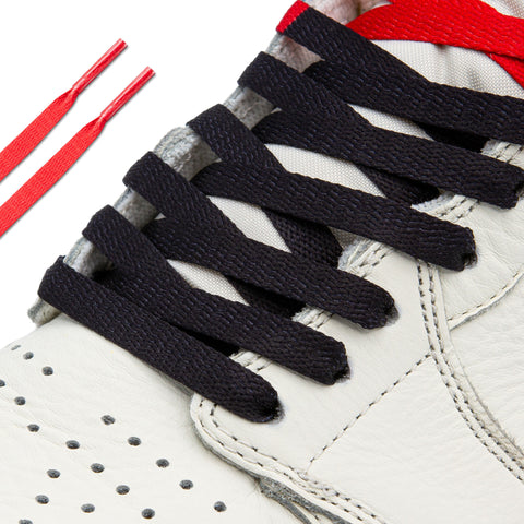 Lace Lab Red/Black Union Jordan 1 Replacement Shoelaces on shoe