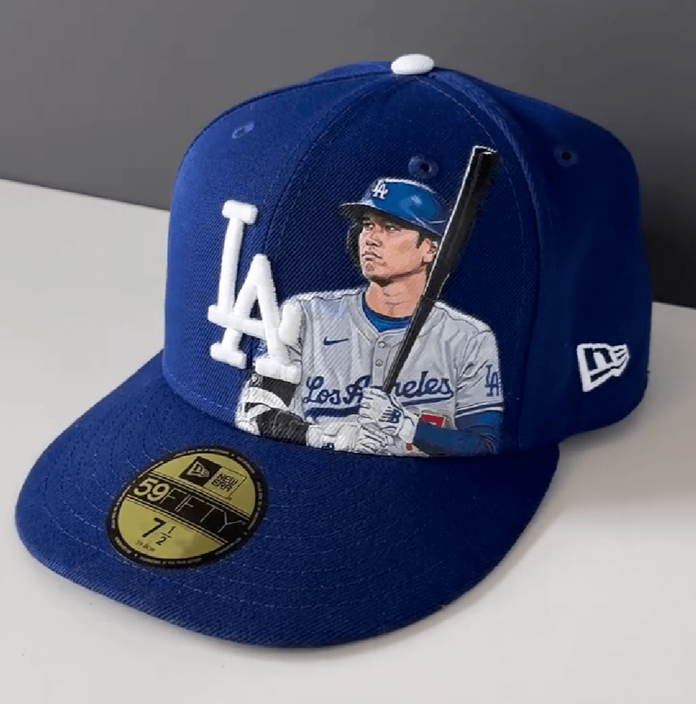 Image features a freshly painted hat of Shohei Ohtani