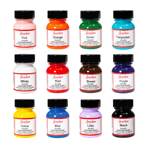 Twelve vibrant colors of Angelus Acrylic Leather Paint displayed in open packaging.