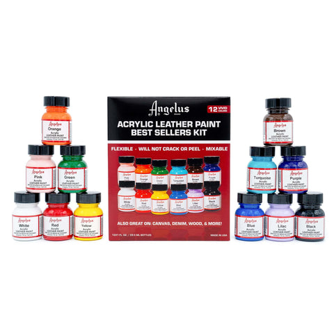 Angelus Acrylic Leather Paint Best Sellers Kit with colorful paint bottles in a branded box.