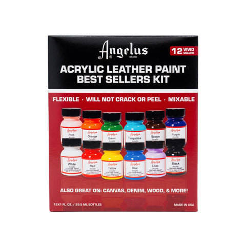 Front view of Angelus Leather Paint Best Sellers Kit box showcasing brand logo and product name.