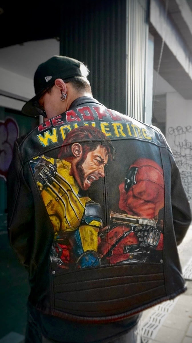 Finished custom Deadpool and Wolverine Marvel leather jacket artwork by @shoesheep_art