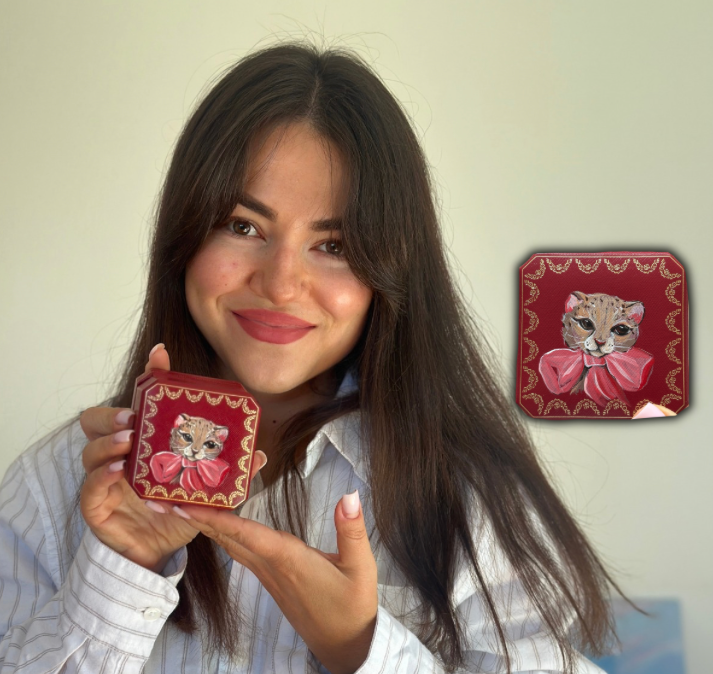 Hand-painted wooden wedding ring box customized into a cute cat with a pink bow using Angelus Paint