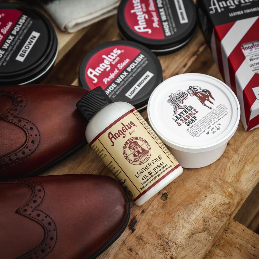 Angelus Shoe Wax Polish and leather care products with brown leather shoes