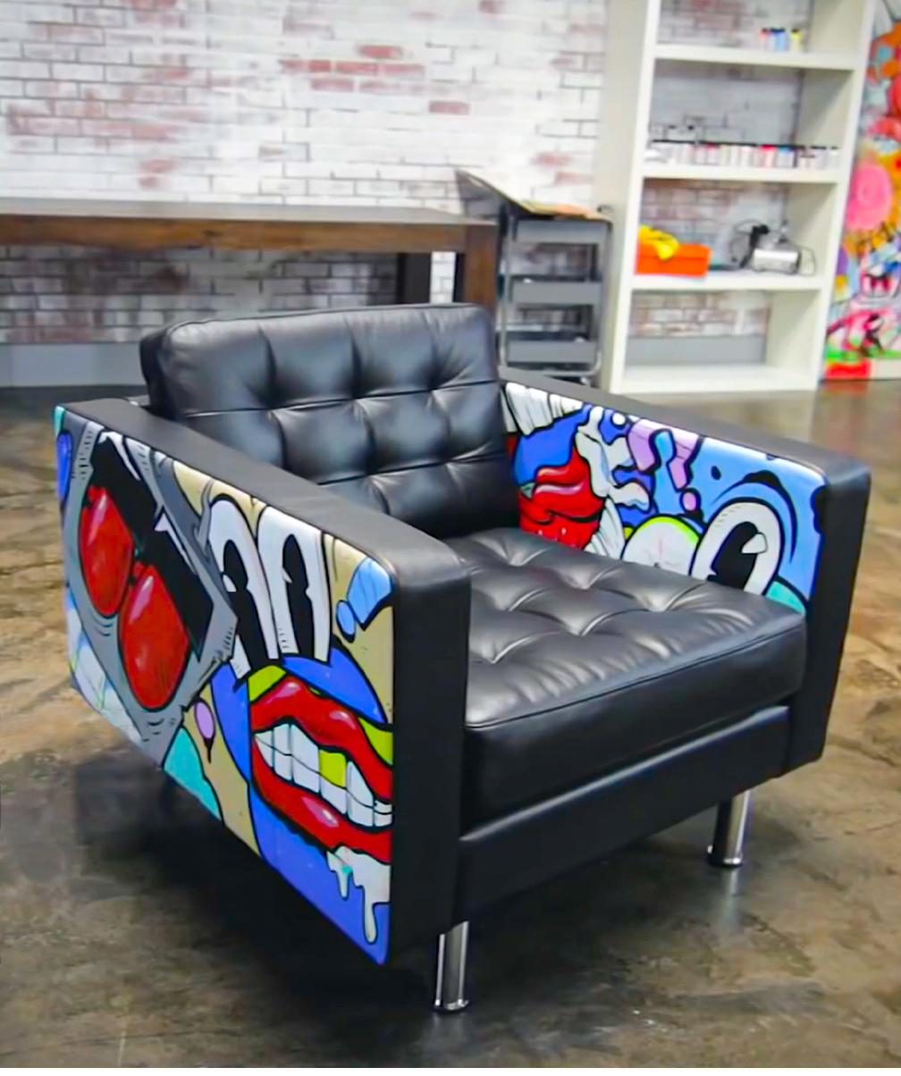 Black leather armchair recolored with Angelus Leather Paint