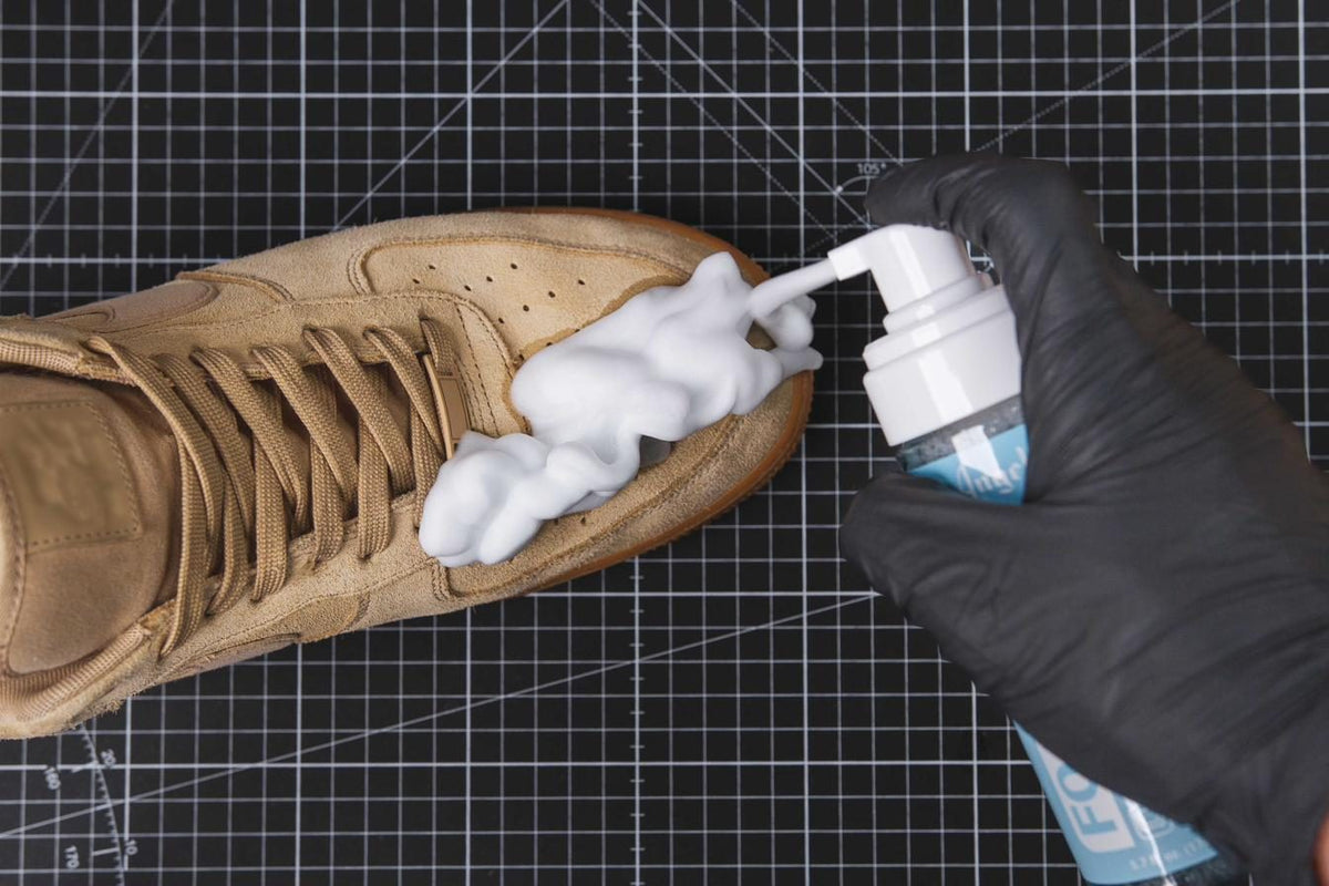 Cleaning a tan suede sneaker with Angelus Foam-Tex suede cleaner