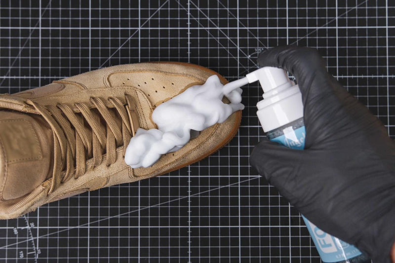 Cleaning a tan suede sneaker with Angelus Foam-Tex suede cleaner