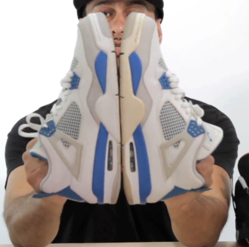 Holding a Jordan 4 with a yellowed sole next to one restored with Angelus Sole Bright