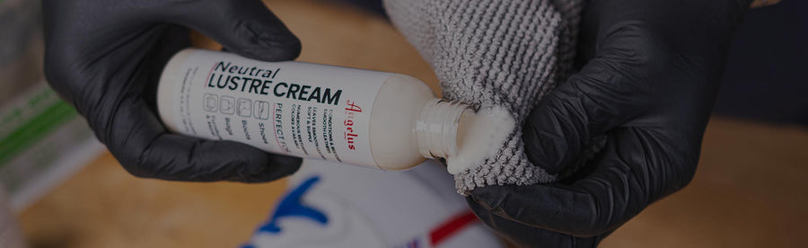 Angelus Lustre Cream pouring onto microfiber towel