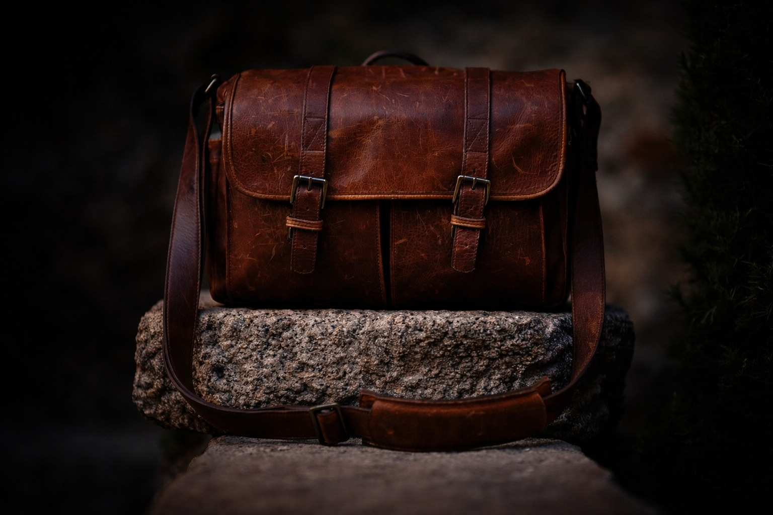 Brown leather messenger bag on stone ledge, leather conditioner for bags.