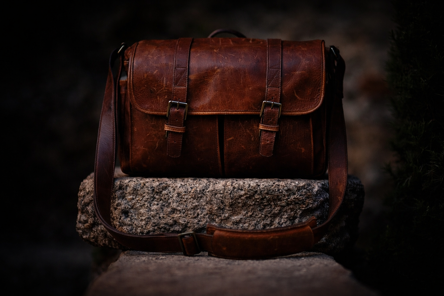 Brown leather messenger bag on stone ledge, leather conditioner for bags.