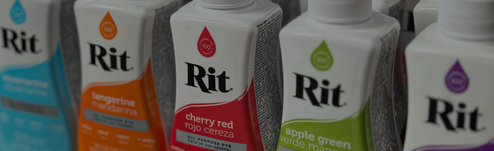 Bottles of Rit all-purpose dye for nylon fabrics in assorted colors.