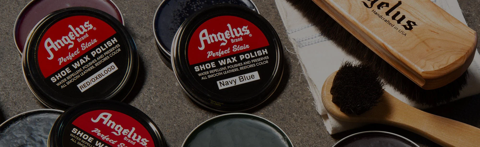 Angelus boot wax shoe polish tins with brush for shining and protecting leather boots.