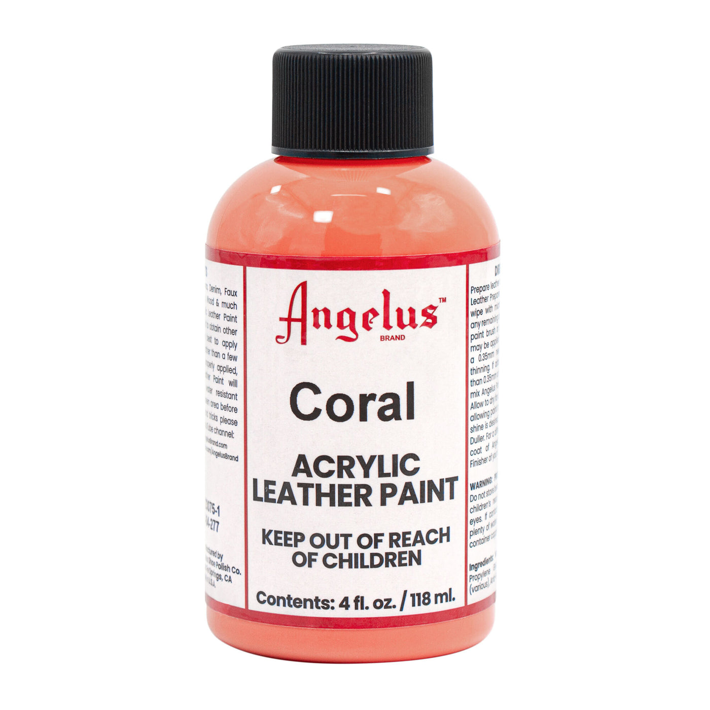A 4 fl. oz. (118 ml) bottle of Angelus Coral Paint by Angelus Direct, with a black cap and labeled safety warnings—ideal for leather crafting with vibrant acrylic color.