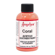 A 4 fl. oz. (118 ml) bottle of Angelus Coral Paint by Angelus Direct, with a black cap and labeled safety warnings—ideal for leather crafting with vibrant acrylic color.