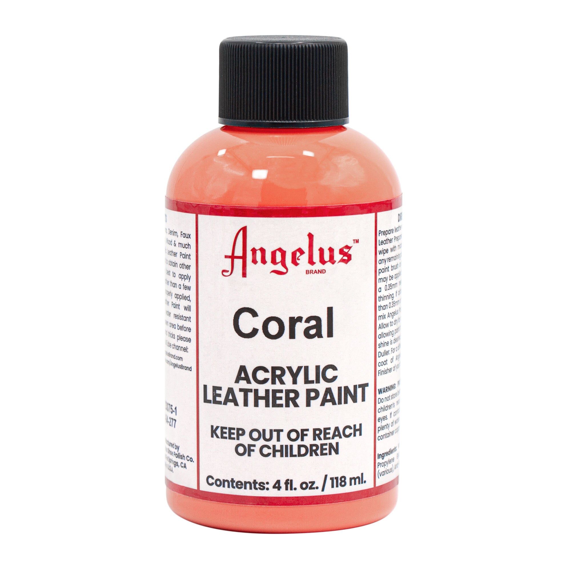 A 4 fl. oz. (118 ml) bottle of Angelus Coral Paint by Angelus Direct, with a black cap and labeled safety warnings—ideal for leather crafting with vibrant acrylic color.