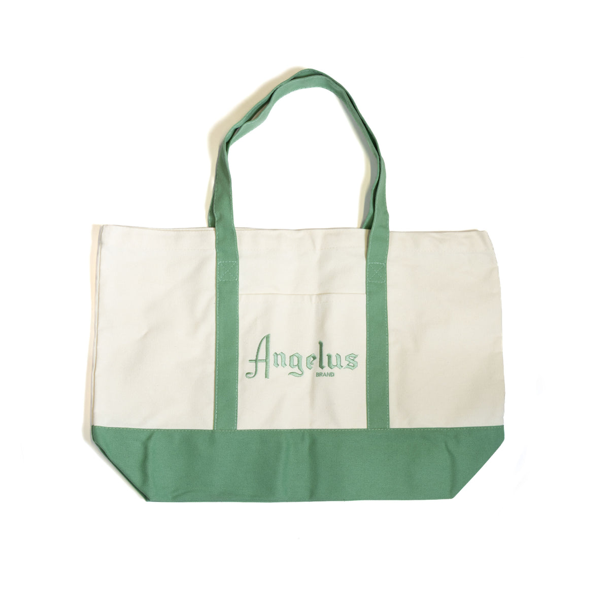 Angelus canvas tote bag with green handles and bottom panel and embroidered Angelus logo on the front