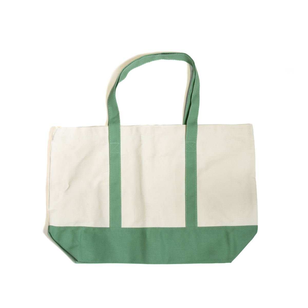 Angelus 12 oz canvas tote bag, full view showing green handles and embroidered logo