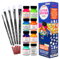 Angelus 13-Piece Paint Kit – After Hours colorway flat lay with dark-toned acrylic paints, brushes, and tools on white background
