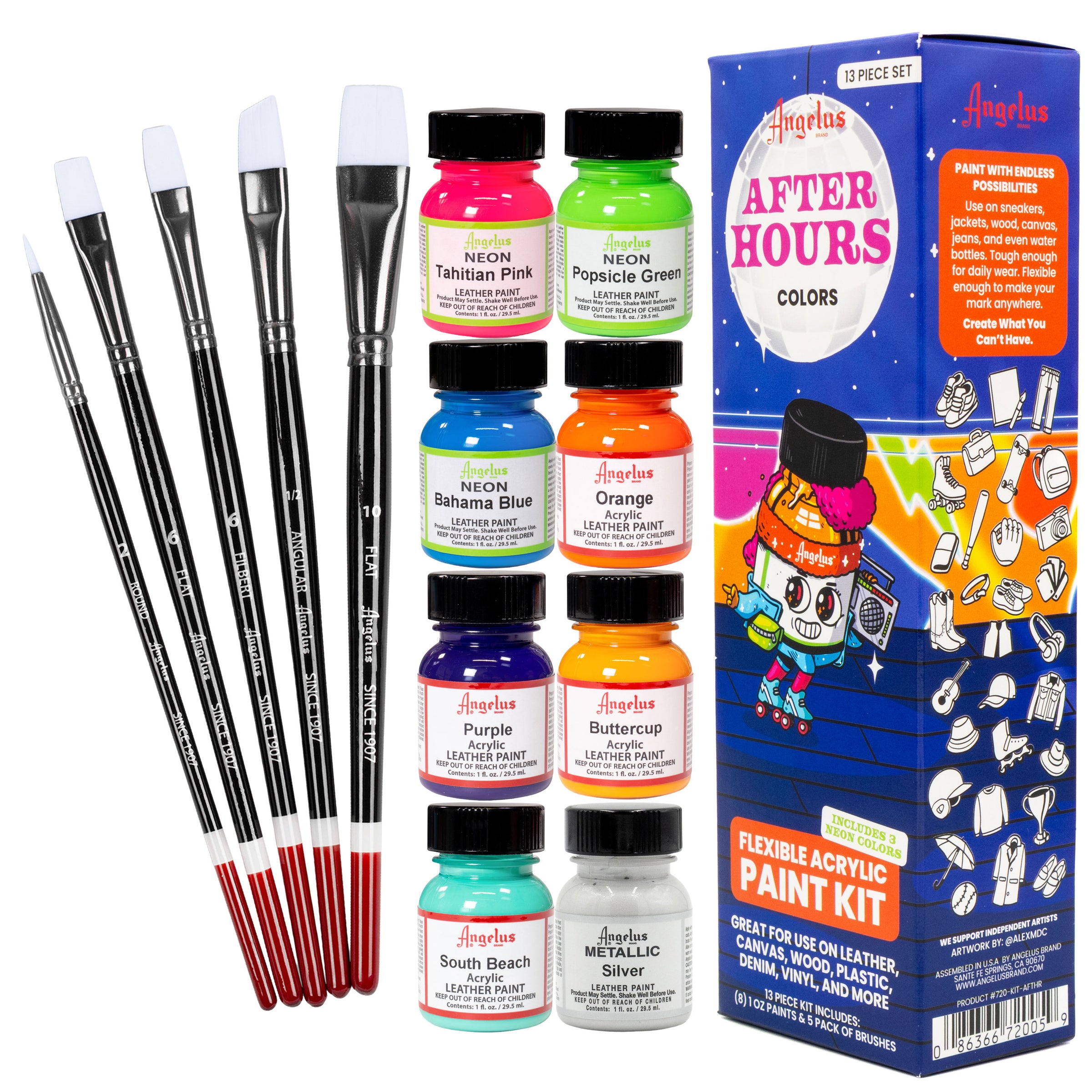 Angelus 13-Piece Paint Kit – After Hours colorway flat lay with dark-toned acrylic paints, brushes, and tools on white background