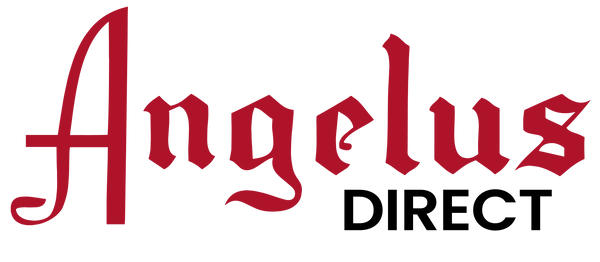 Angelus Direct logo featuring red old-English style 'Angelus' text with 'Direct' in black bold font