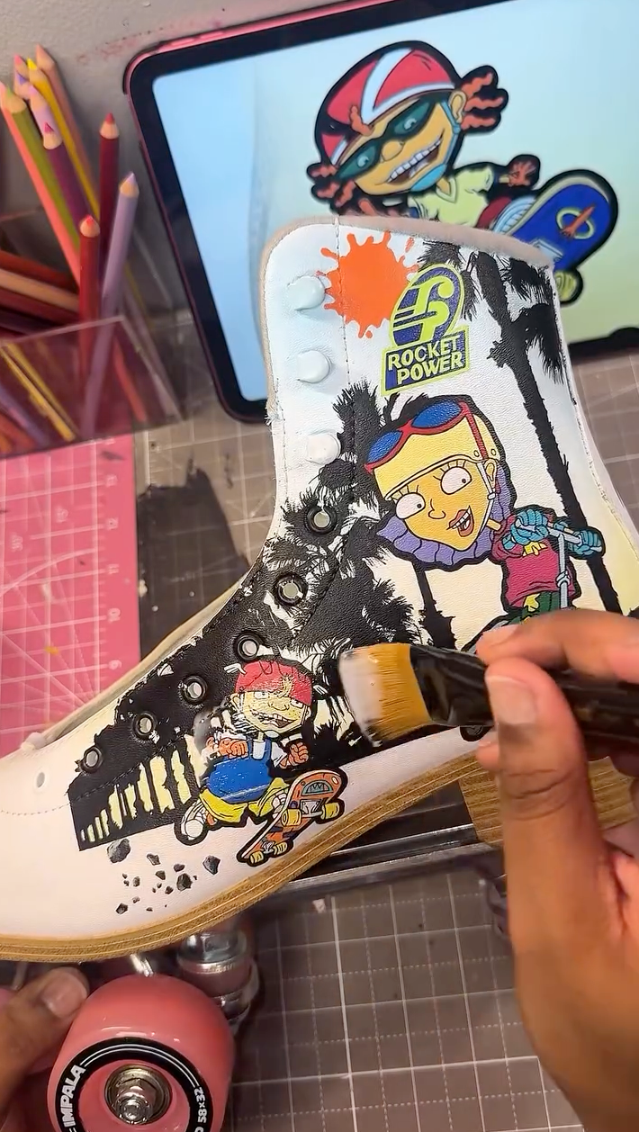 Applying Angelus Matte Finisher to custom painted skates for a non-shiny look