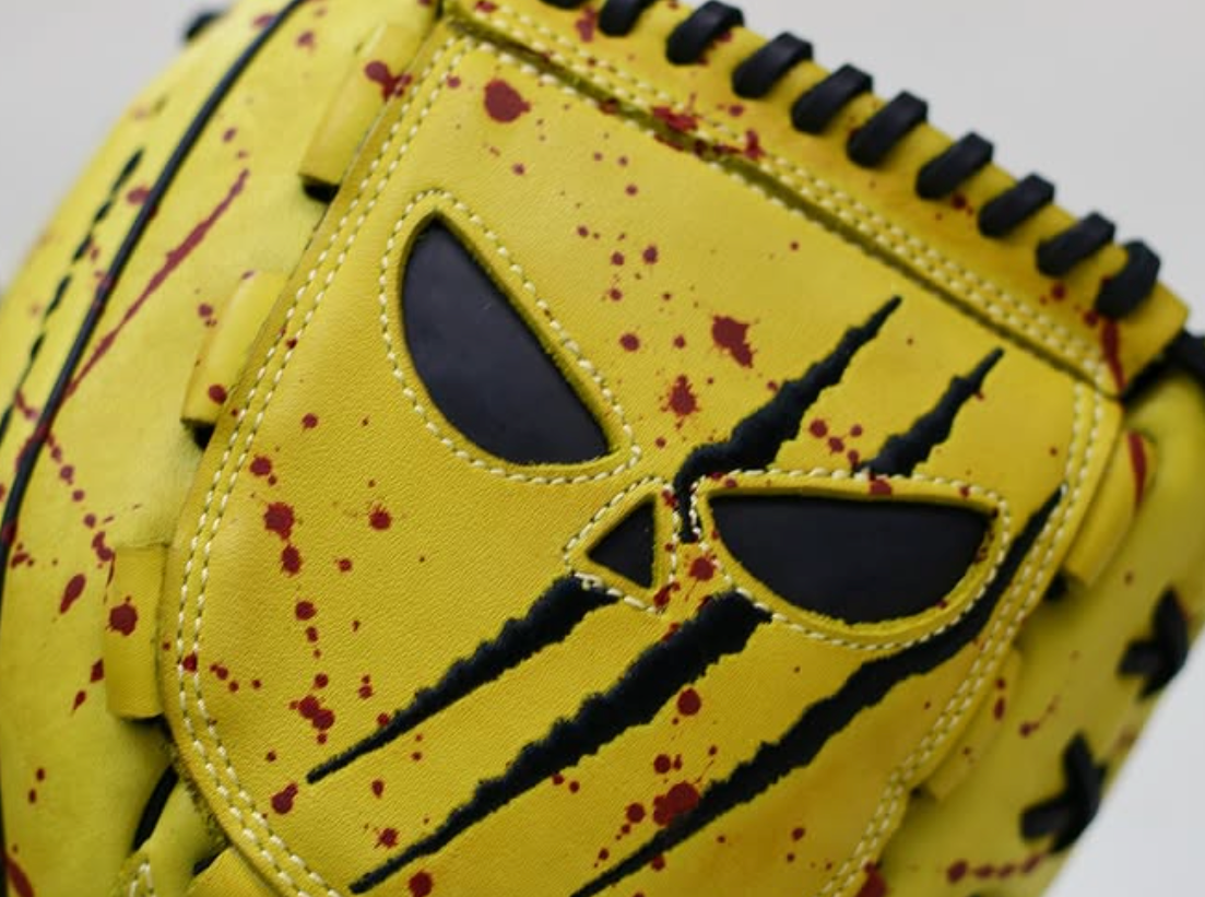 Up close detail shot of custom dyed and painted baseball glove by DC Gloves