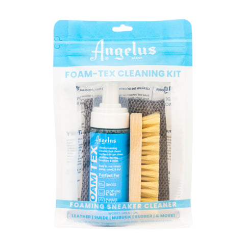 Angelus Foam Tex Kit features Angelus Foam Tex, Angelus Hog Hair Cleaning Brush, and Angelus Microfiber Cloth