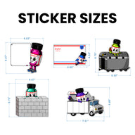The Angelus "Get Up" Series XL Sticker Pack by AlexMDC (Angelus Direct) infographic shows four graffiti slap tags with their sizes, featuring colorful paint-can-hat characters beside a blank sticker, envelope, garbage truck, brick wall, and delivery truck.