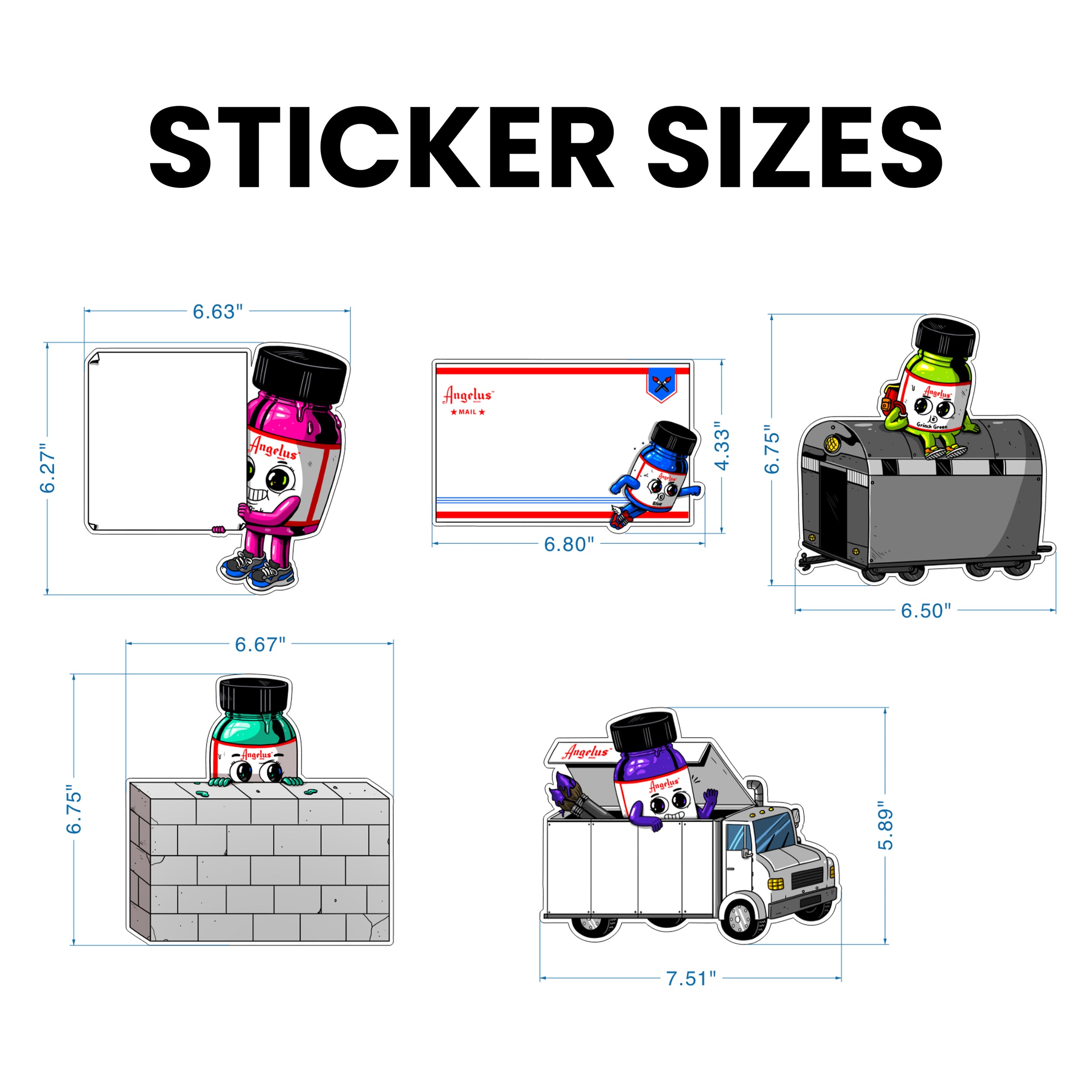 The Angelus "Get Up" Series XL Sticker Pack by AlexMDC (Angelus Direct) infographic shows four graffiti slap tags with their sizes, featuring colorful paint-can-hat characters beside a blank sticker, envelope, garbage truck, brick wall, and delivery truck.