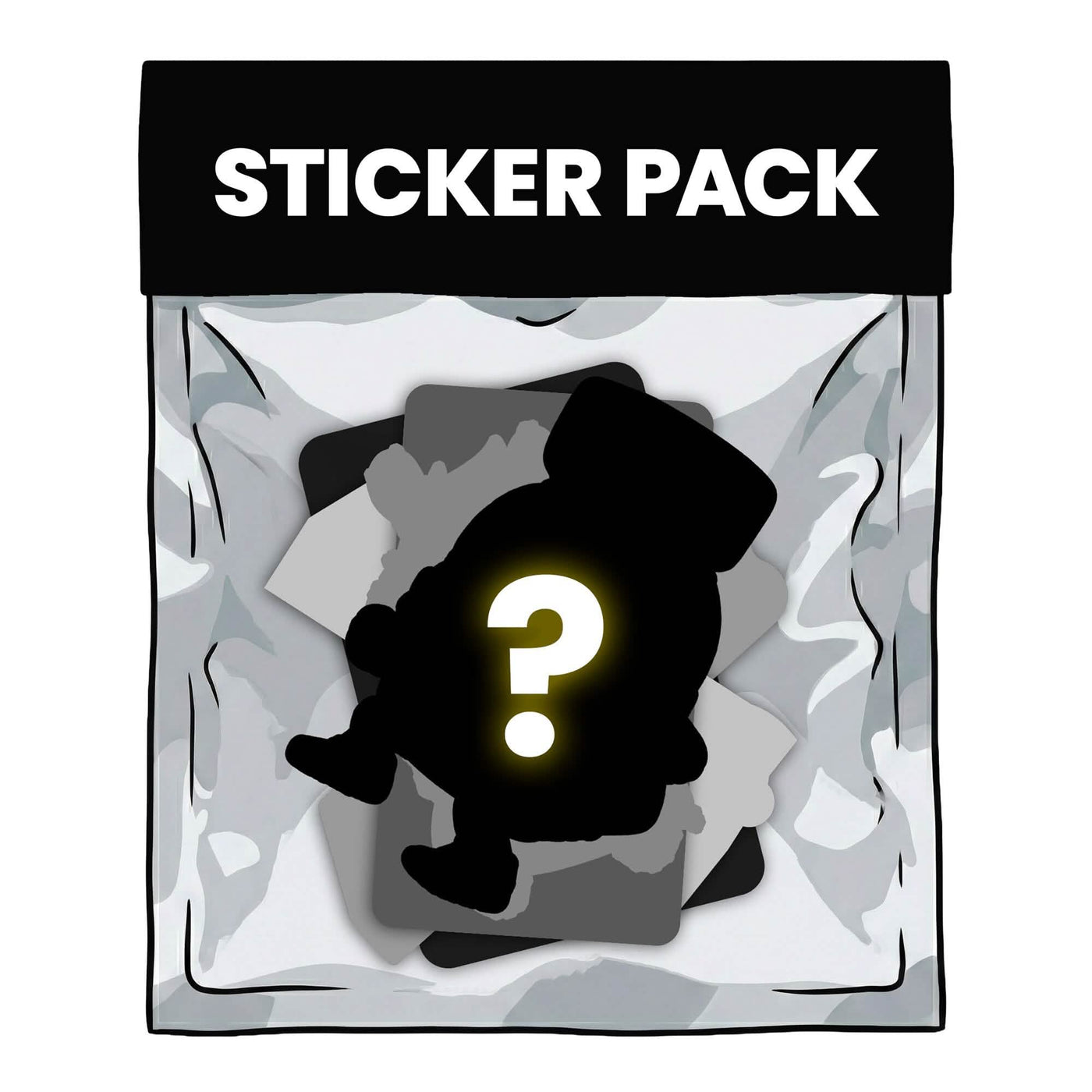 The Curated Sticker Pack by Angelus Direct features several unique stickers, including a large black silhouette with a glowing yellow question mark, hinting at a surprise sticker inside.