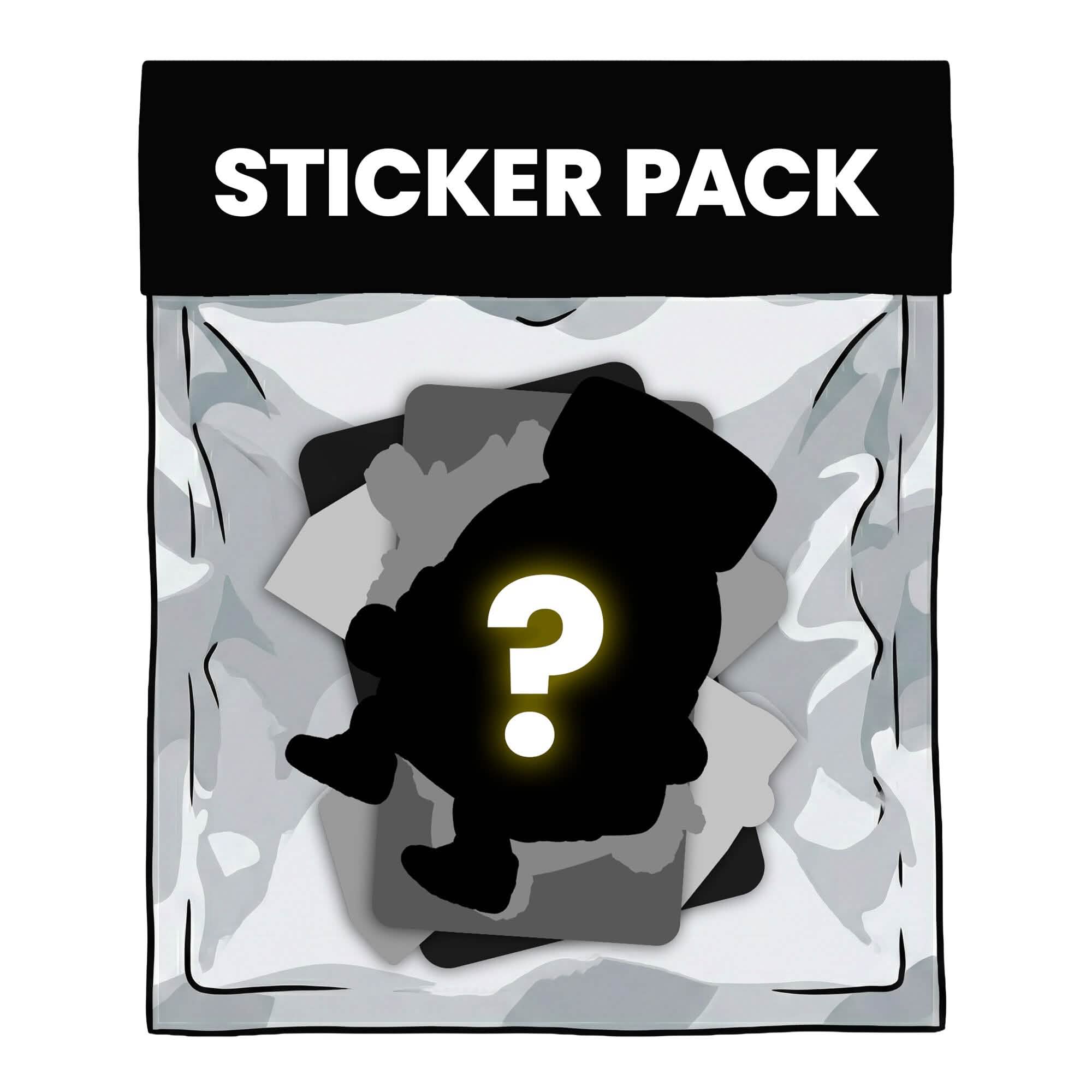 The Curated Sticker Pack by Angelus Direct features several unique stickers, including a large black silhouette with a glowing yellow question mark, hinting at a surprise sticker inside.
