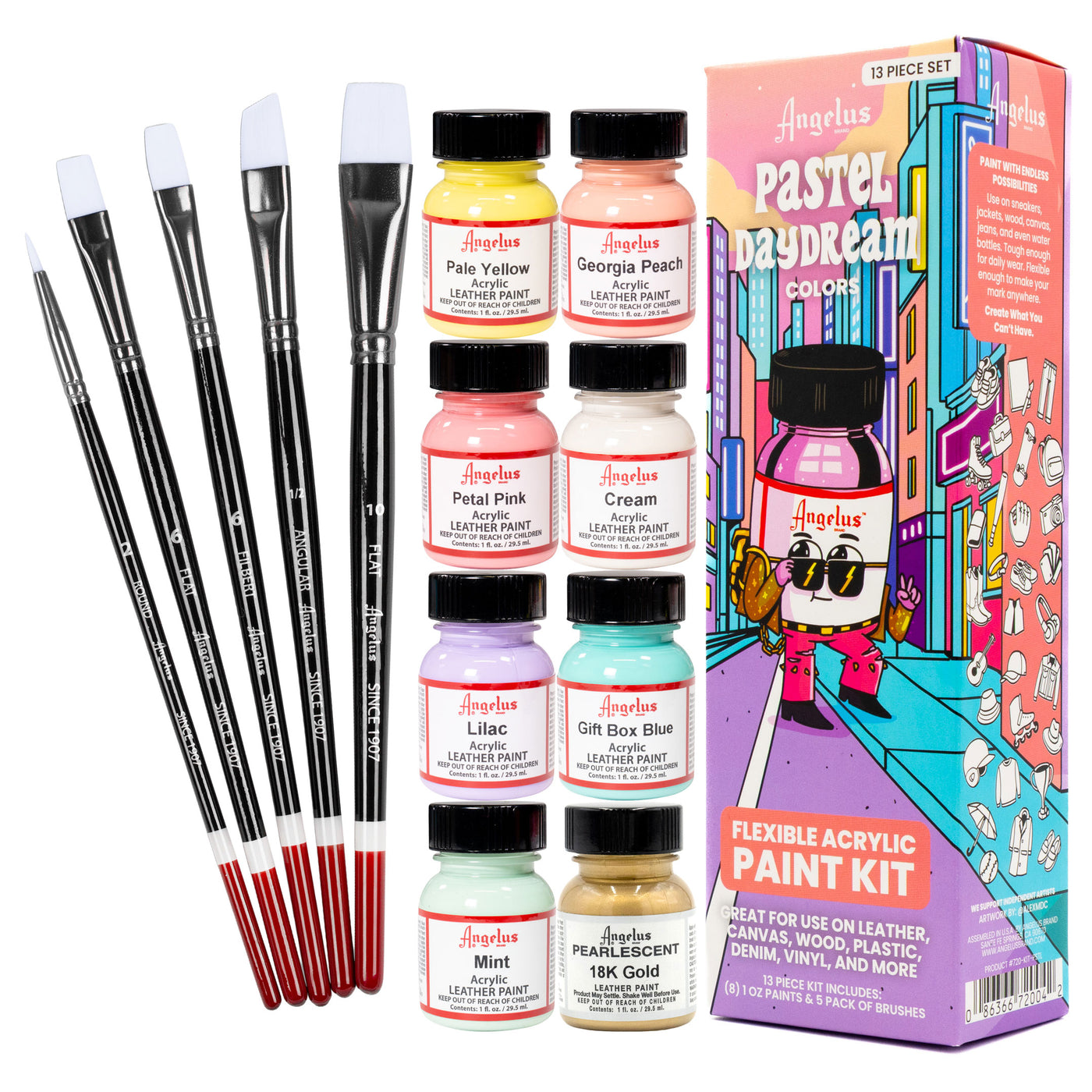 Angelus 13-Piece Paint Kit – Pastel Daydream colorway flat lay with soft pastel acrylic leather paints and accessories on white background
