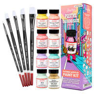 Angelus 13-Piece Paint Kit – Pastel Daydream colorway flat lay with soft pastel acrylic leather paints and accessories on white background