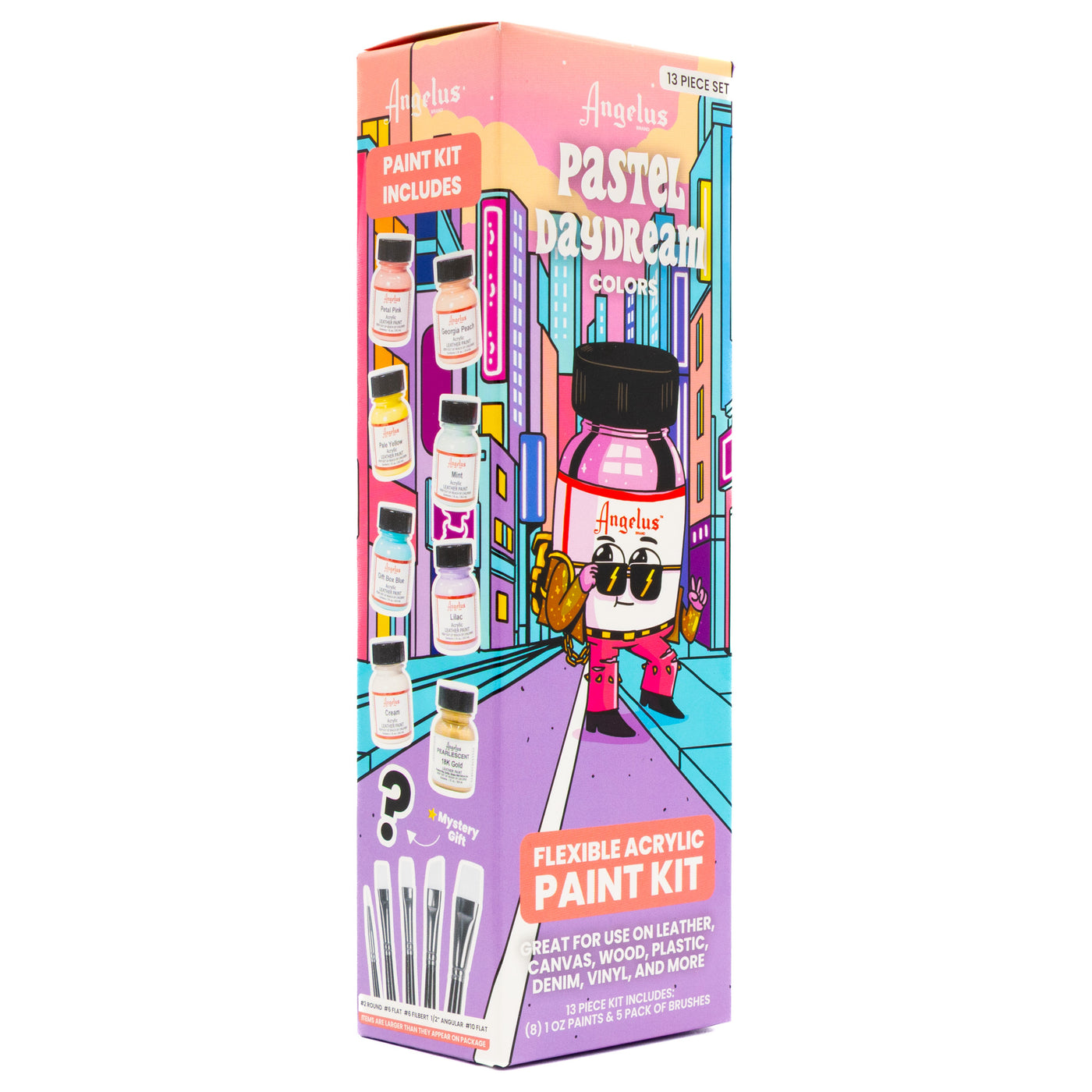 Angelus 13-Piece Pastel Daydream Paint Kit for custom shoes and leather art – complete kit with pastel paint colors - front angle of box