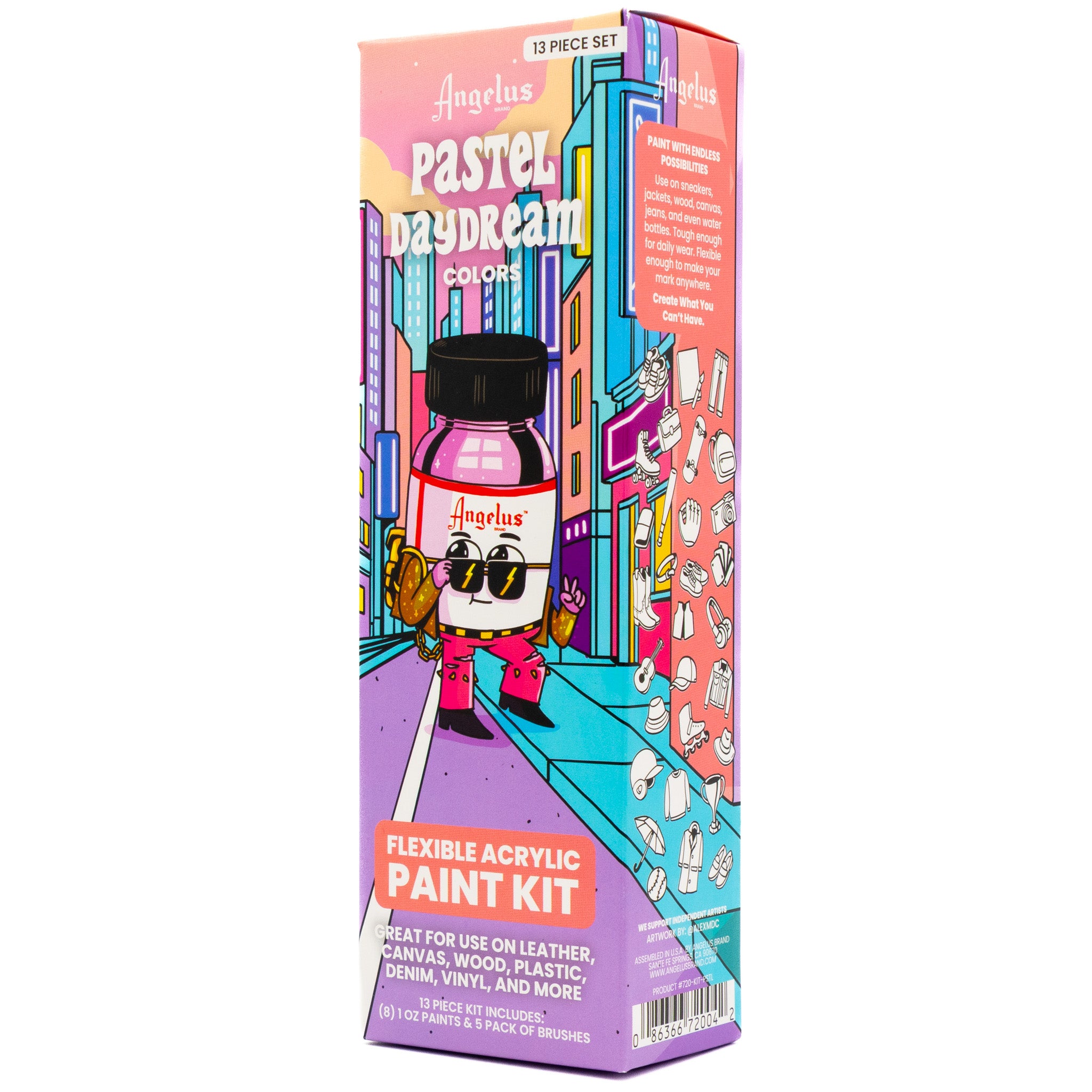 Angelus 13-Piece Pastel Daydream Paint Kit for custom shoes and leather art – complete kit with pastel paint colors - front angle of box