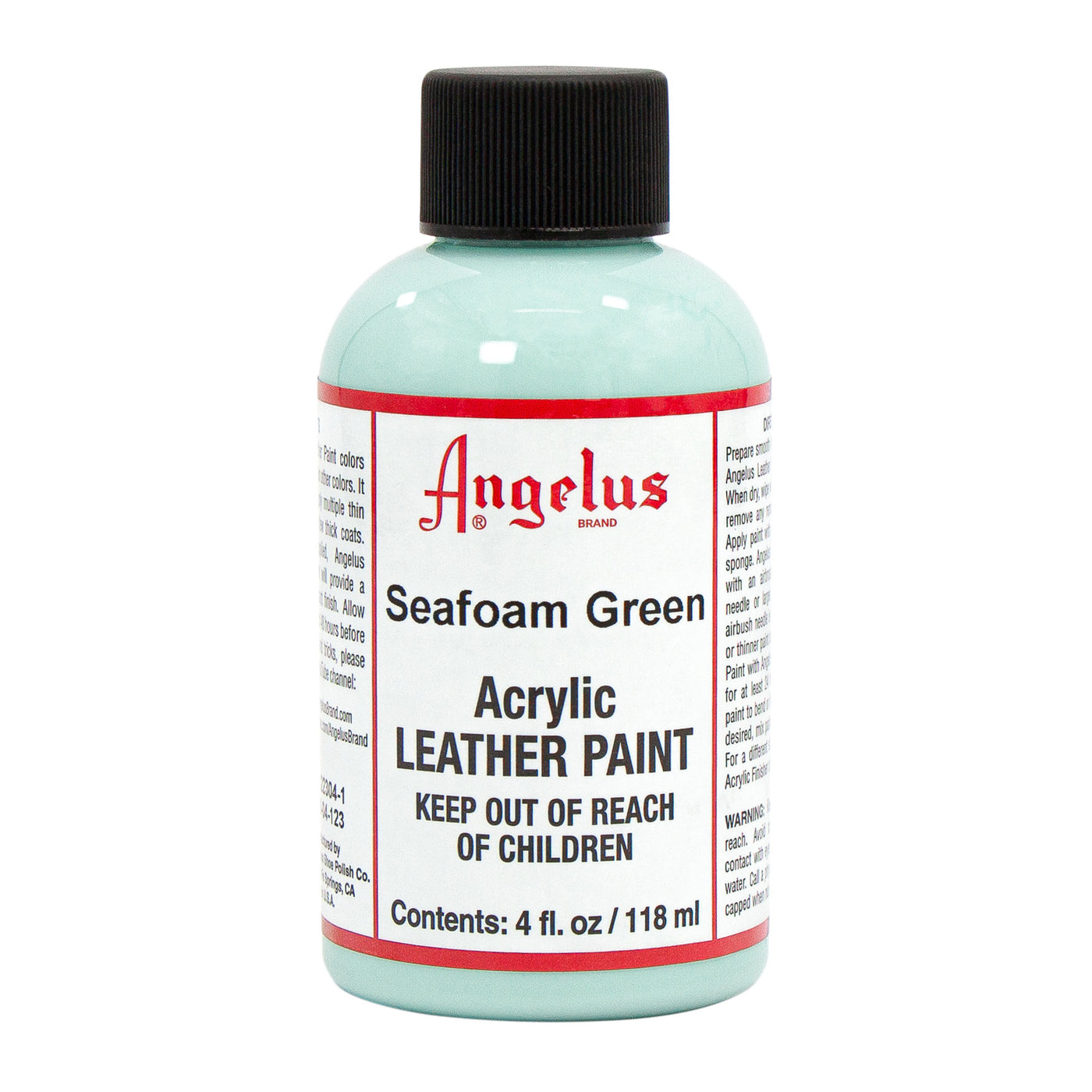 Angelus Direct’s Angelus Seafoam Green acrylic leather paint, 4 fl. oz. (118 ml), comes with a black cap and a white label displaying product details. This vibrant water-based paint is perfect for customizing shoes and accessories.