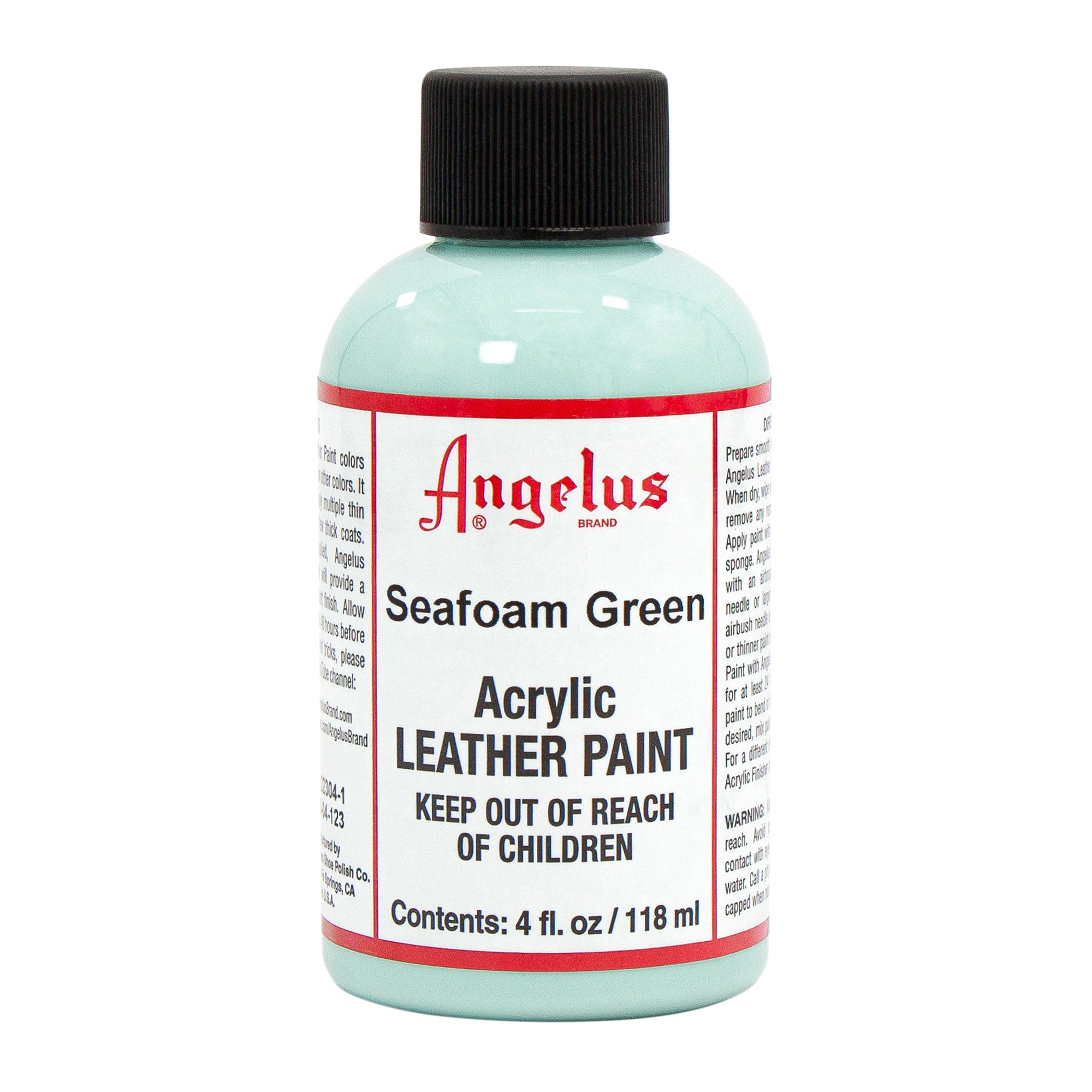 Angelus Direct’s Angelus Seafoam Green acrylic leather paint, 4 fl. oz. (118 ml), comes with a black cap and a white label displaying product details. This vibrant water-based paint is perfect for customizing shoes and accessories.