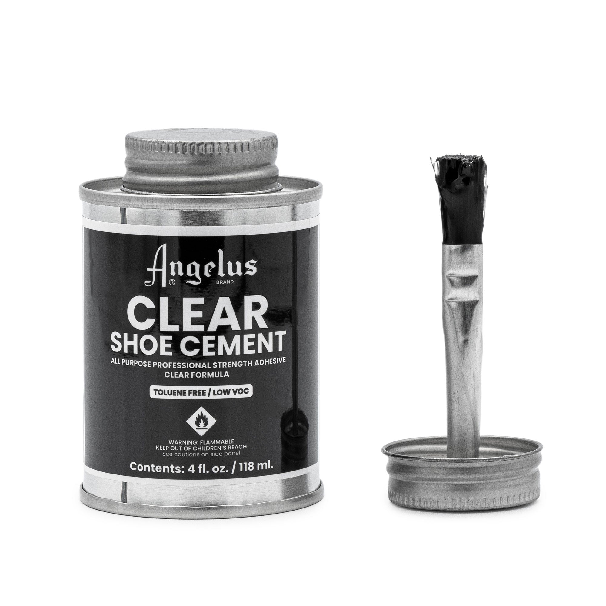 Angelus Clear Shoe Cement with Brush Cap next to it