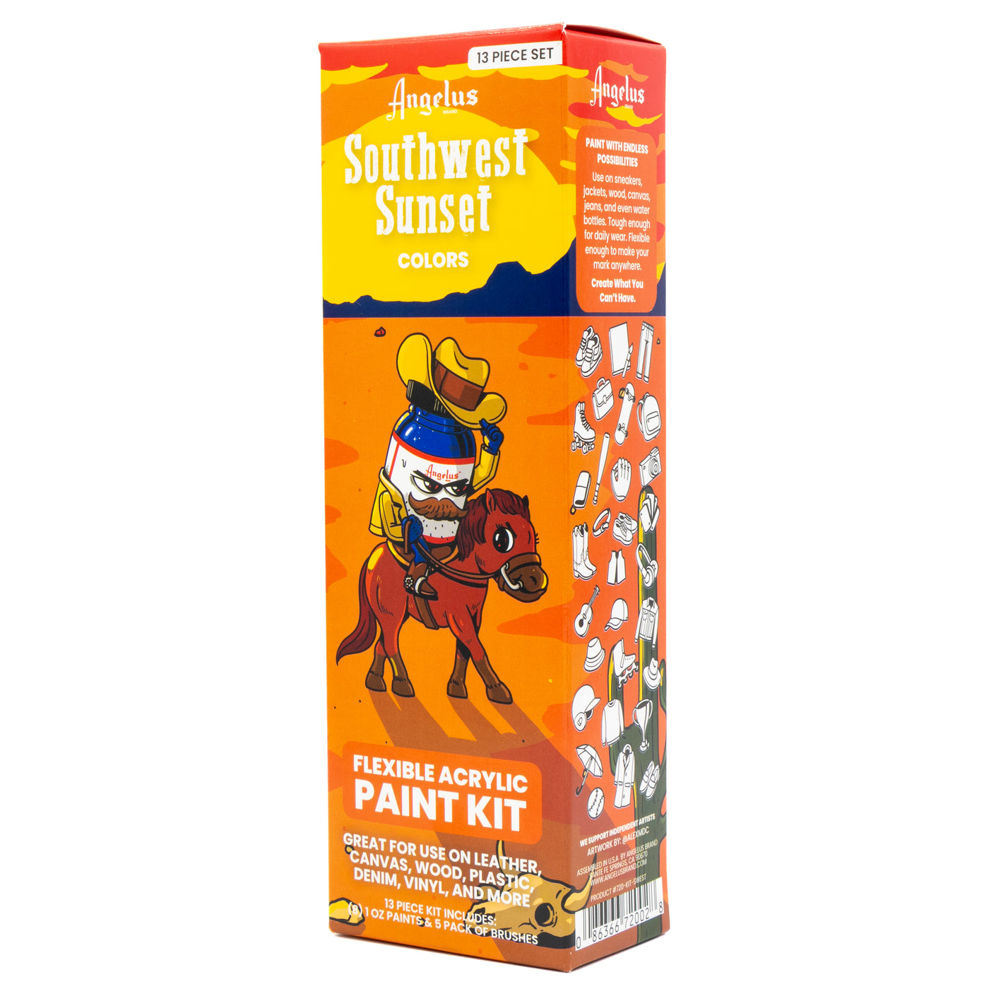 Angelus 13-Piece South West Sunset Paint Kit for custom sneaker painting – full kit with warm southwestern color palette - front angle of box