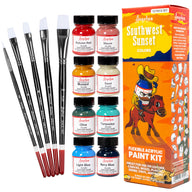 Angelus 13-Piece Paint Kit – South West Sunset colorway flat lay with desert-toned acrylic paints and brushes on white background