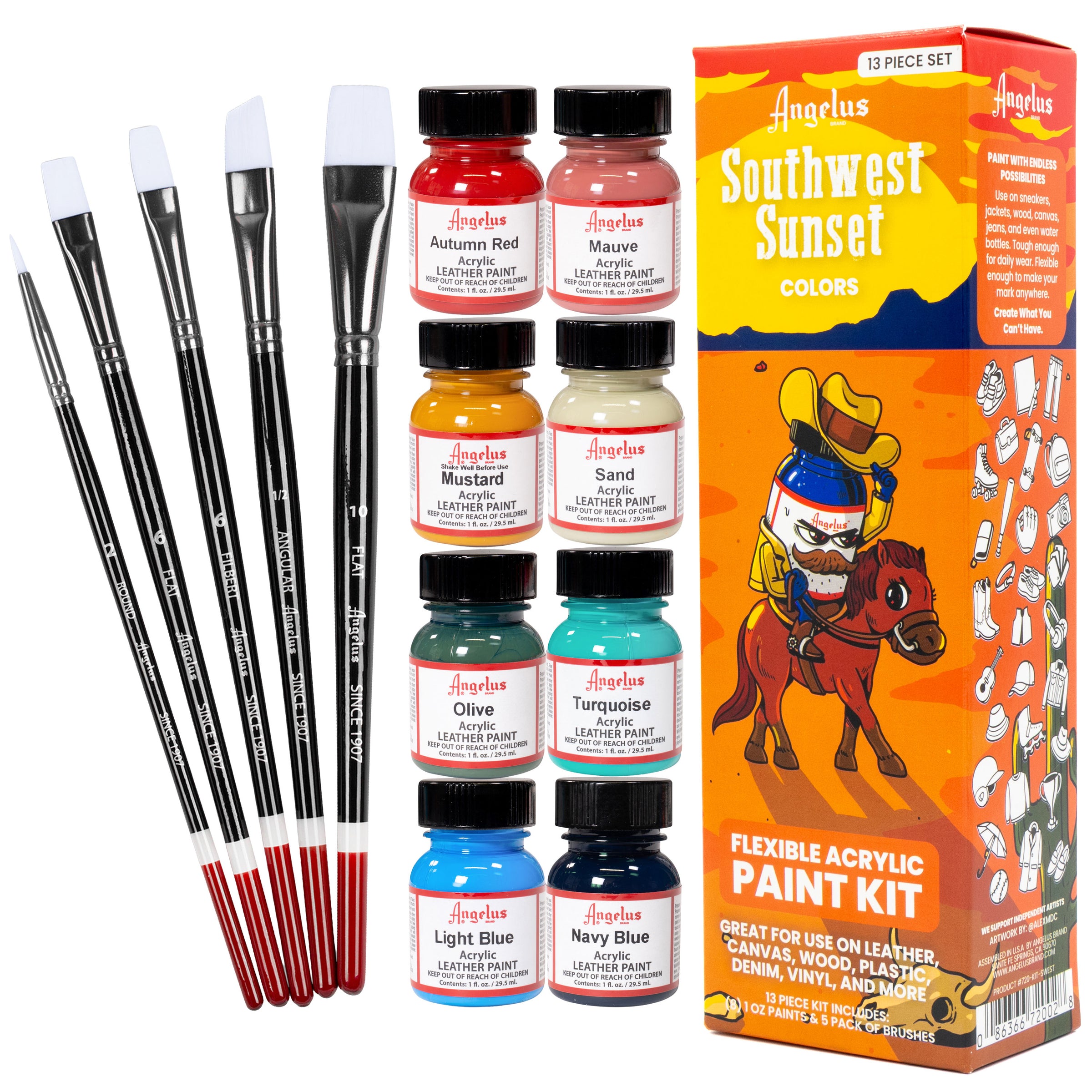 Angelus 13-Piece Paint Kit – South West Sunset colorway flat lay with desert-toned acrylic paints and brushes on white background
