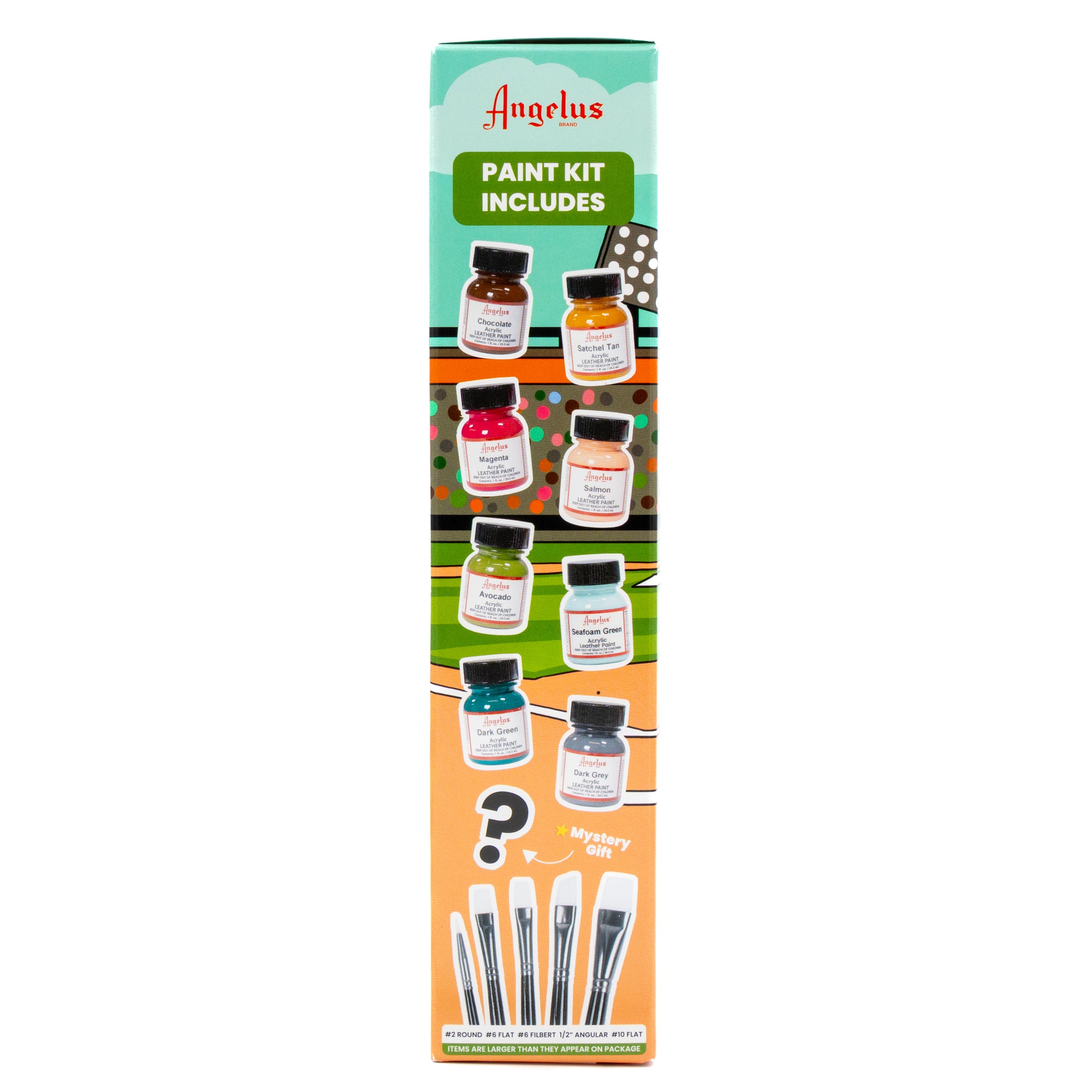 Angelus 13-Piece Vintage Baseball Paint Kit for custom shoes and leather goods – complete kit with classic baseball-inspired colors - side of box