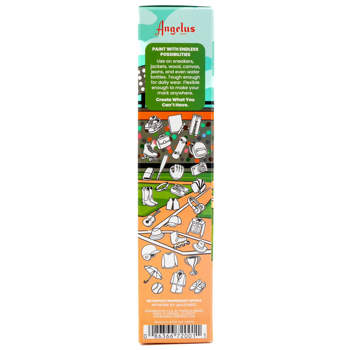 Angelus 13-Piece Vintage Baseball Paint Kit for custom shoes and leather goods – complete kit with classic baseball-inspired colors - side of box