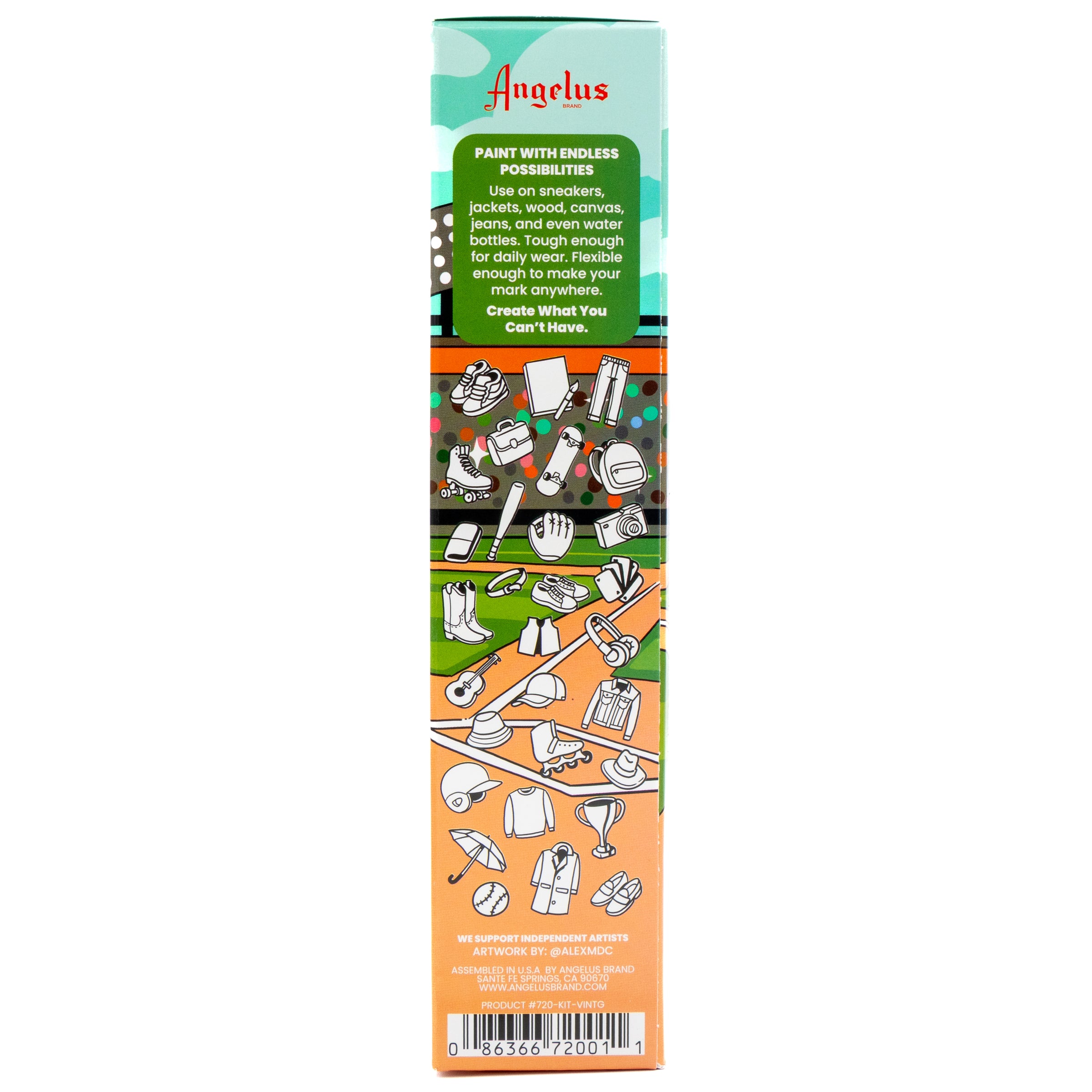 Angelus 13-Piece Vintage Baseball Paint Kit for custom shoes and leather goods – complete kit with classic baseball-inspired colors - side of box