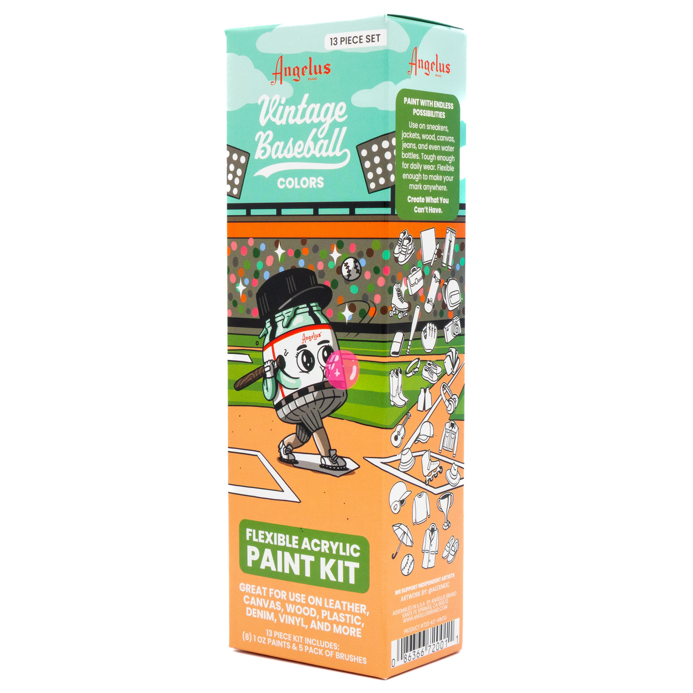 Angelus 13-Piece Vintage Baseball Paint Kit for custom shoes and leather goods – complete kit with classic baseball-inspired colors - front angle of box