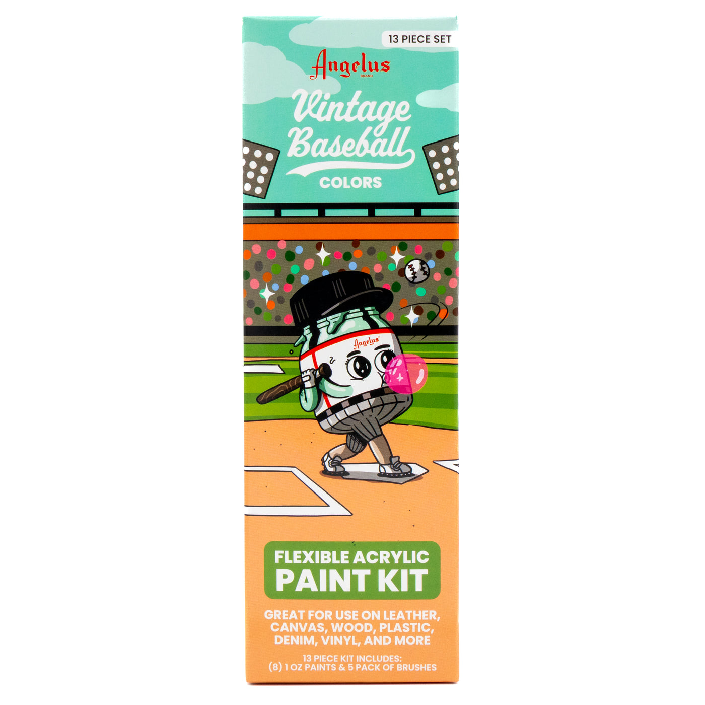 Angelus 13-Piece Vintage Baseball Paint Kit for custom shoes and leather goods – complete kit with classic baseball-inspired colors - front of box