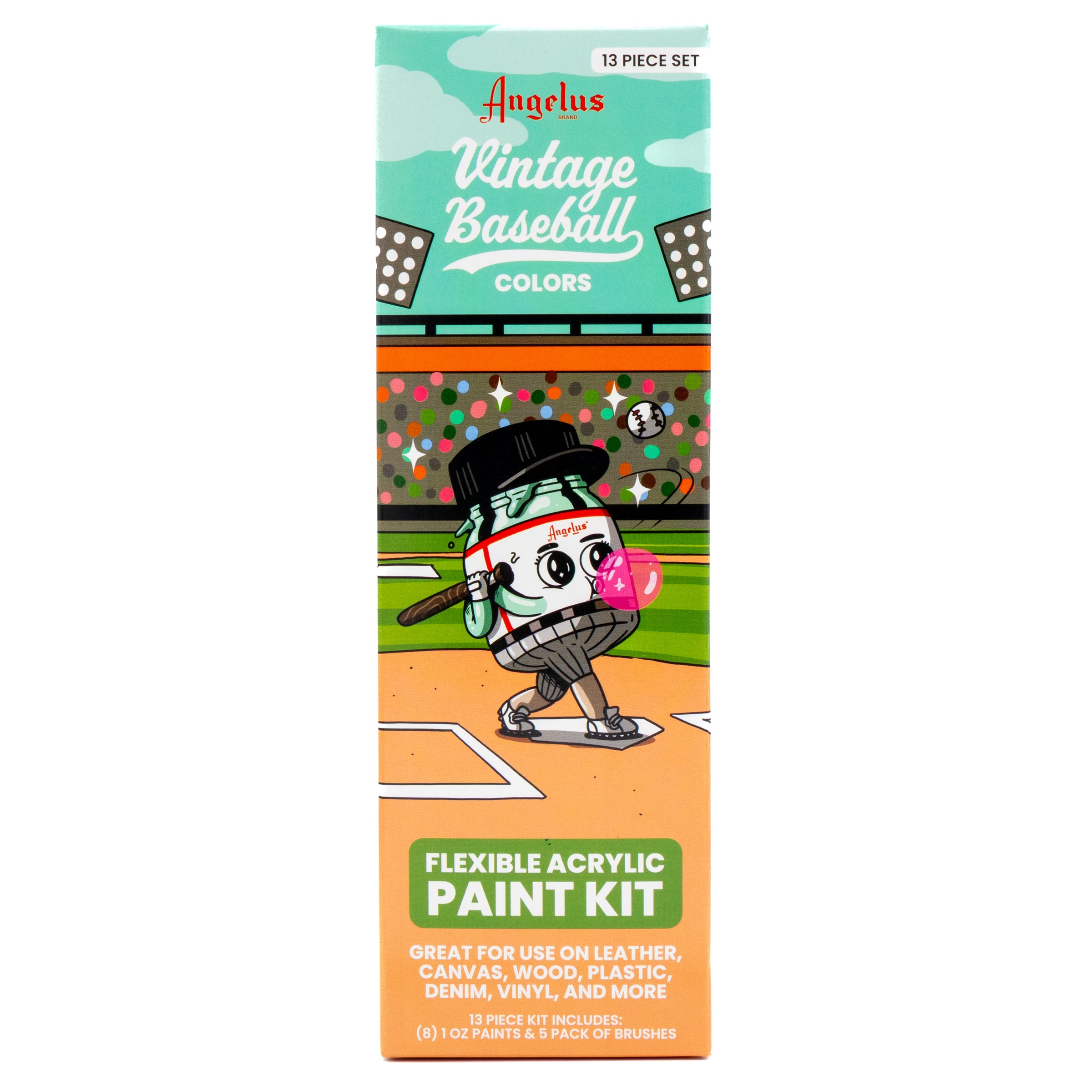 Angelus 13-Piece Vintage Baseball Paint Kit for custom shoes and leather goods – complete kit with classic baseball-inspired colors - front of box